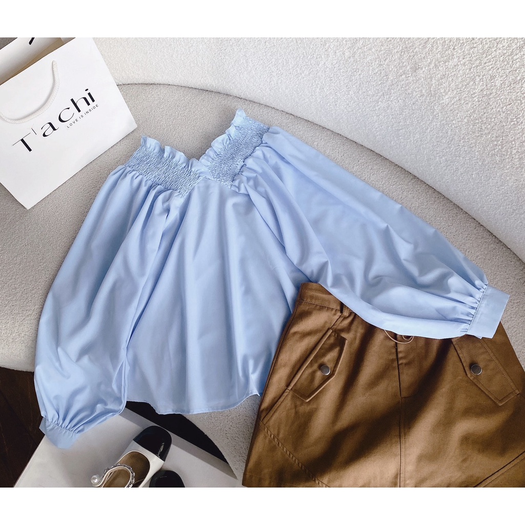 SET ÁO XANH TRỄ VAI BOTHUN TAY PHỒNG +CHÂN VÁY KAKI NÂU