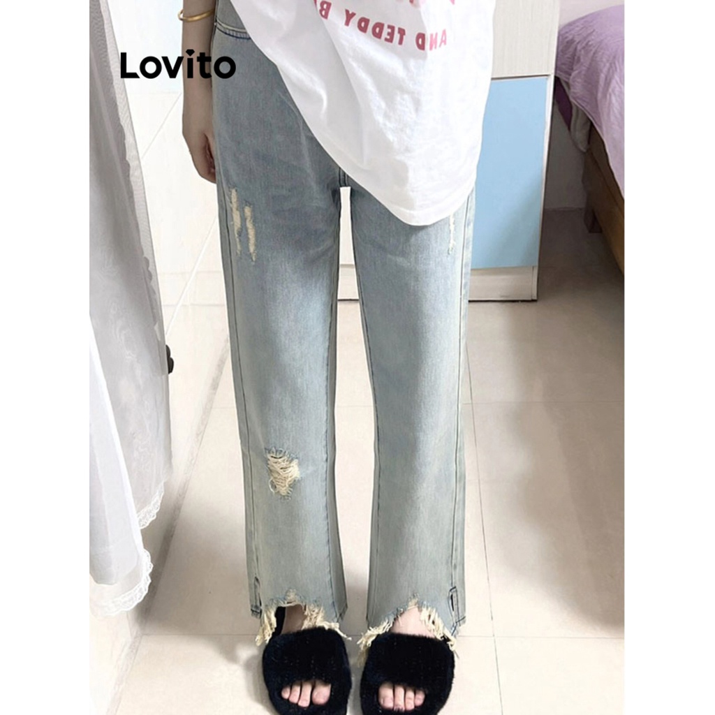 Quần jean Lovito phối khóa kéo màu trơn thường ngày cho nữ L64AD089