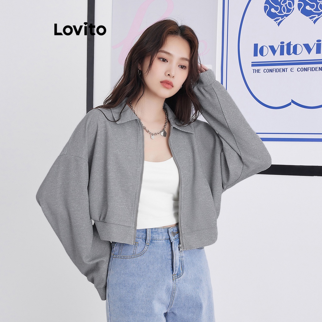 Áo sweatshirt Lovito màu trơn phối khóa kéo phong cách thường ngày cho nữ L58AD050 (Xám)