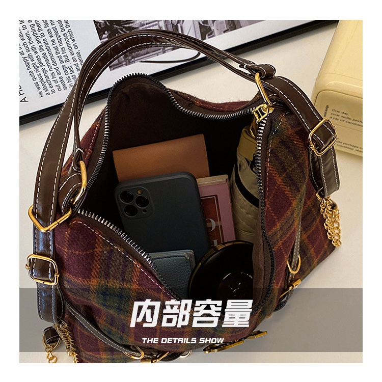 Jasmin noir Túi Xách Đeo Vai Bằng Len Chần Bông Sọc Caro retro Cho Nữ hobos