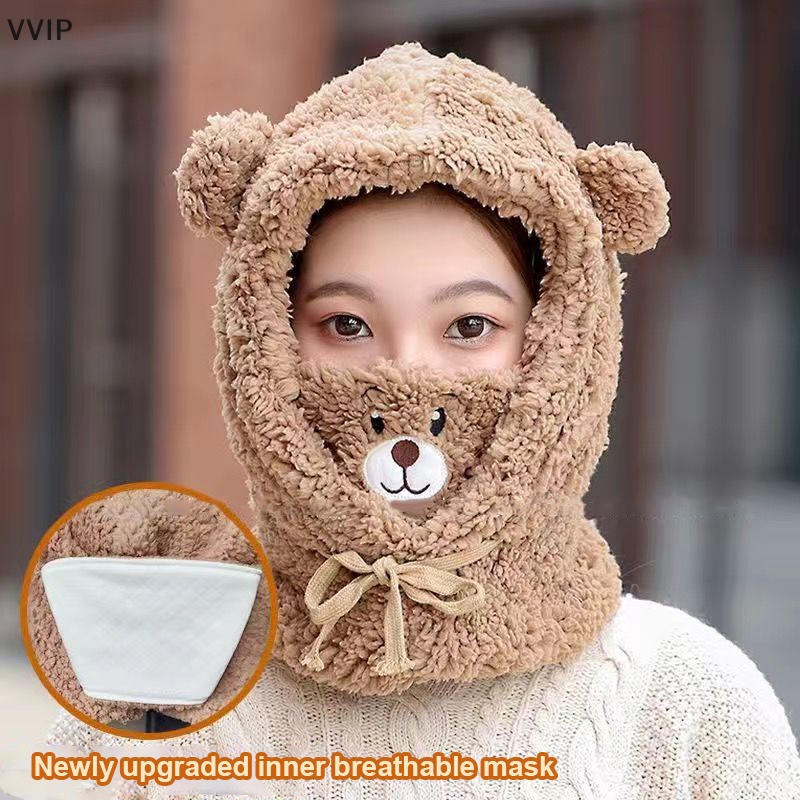 Mũ Lông Cừu Kèm Khăn Choàng Cổ Hình Gấu Dễ Thương Giữ Ấm Mùa Đông Cho Nữ