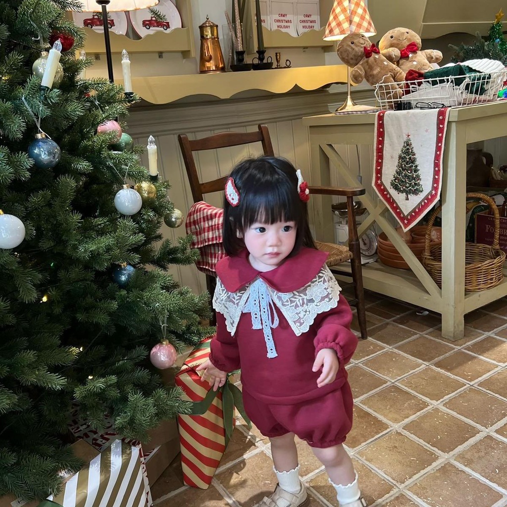 Set Noel Vải Nỉ Phối Ren Nơ