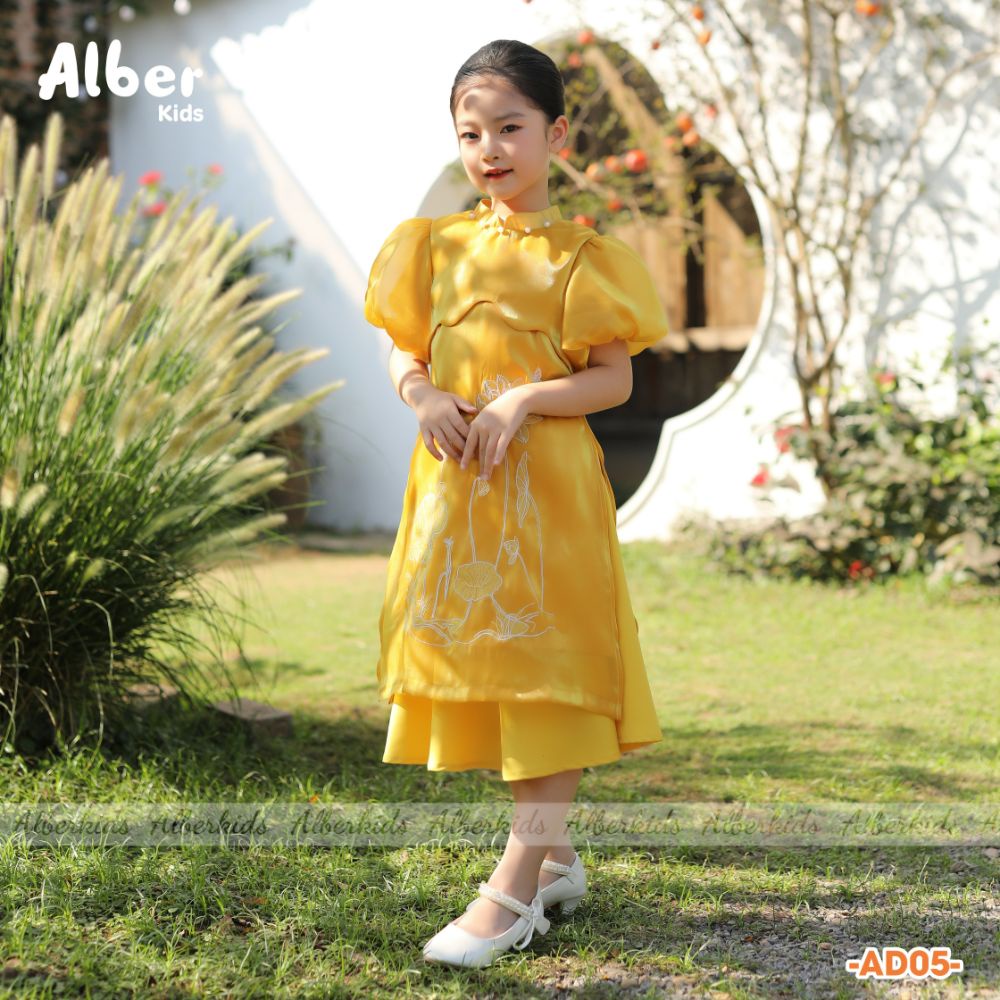 Áo dài thêu hoa sen 2 VÀNG ĐỎ ALBERKIDS phiên bản TẾT 2024 cho bé gái cho trẻ em 4,5,6,7,8,9,10,11,12 tuổi AD05