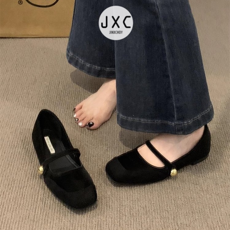 JINxCHOY     Giày Búp Bê Da Lộn Mũi Vuông Đế Thấp Thời Trang retro Cho Nữ