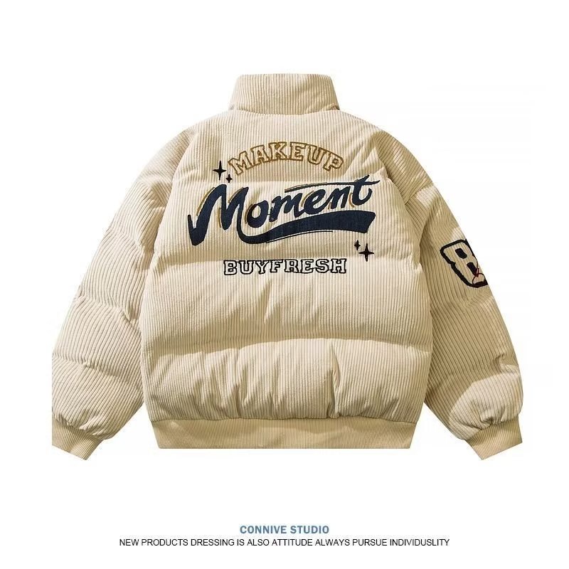 TIDE BEAR Áo Khoác cotton Nhung Kẻ Cổ Đứng Thêu Hình Gấu Phong Cách Hàn Quốc Chất Lượng Cao Giữ Ấm Mùa Đông Cho Nam Và Nữ