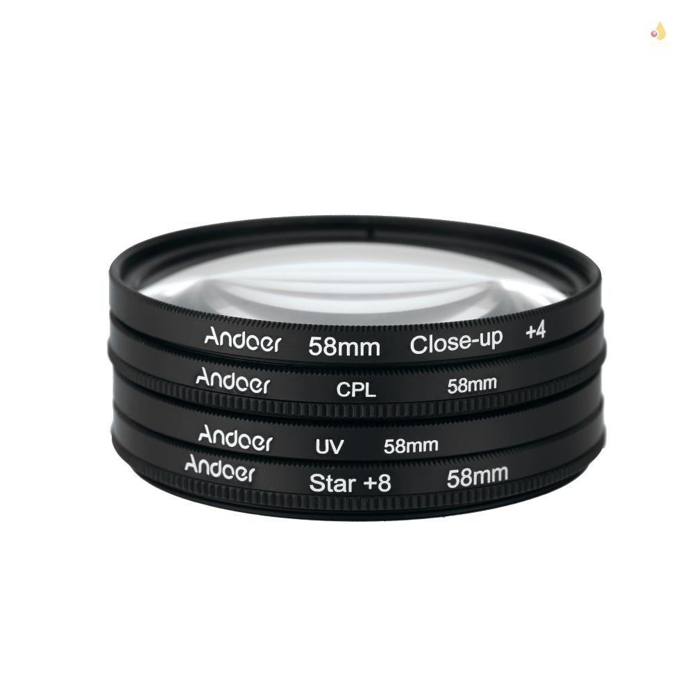 Andoer 58mm UV+CPL+Close-Up+4 +Star 8-Point Filter Circular Filter Kit Circular Polarizer Filter Macro Close-Up Star 8-Point Filter with Bag for  Canon Pentax  DSLR Camera