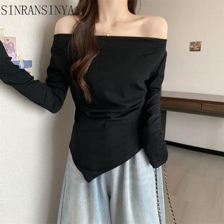 Sinransinya áo thun tay dài cánh dơi màu trơn phong cách hàn quốc cho nữ