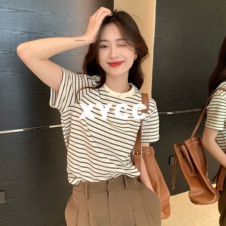 Áo Thun Tay Ngắn Cổ Tròn Dáng Rộng Họa Tiết Kẻ Sọc Thời Trang retro