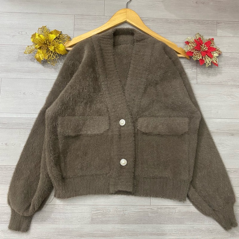 Áo khoác len lông túi 2 bên khuy ngọc, áo cadigan len lông thỏ dày đẹp hàng QCCC