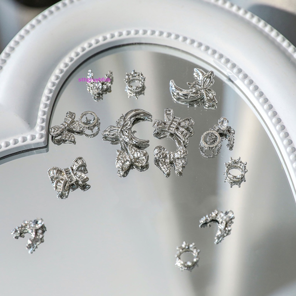 Sthb Set 5 Phụ Kiện Trang Trí Móng Tay Nghệ Thuật Bằng Hợp Kim Hình Nơ Đính Đá 3d Màu Bạc vn