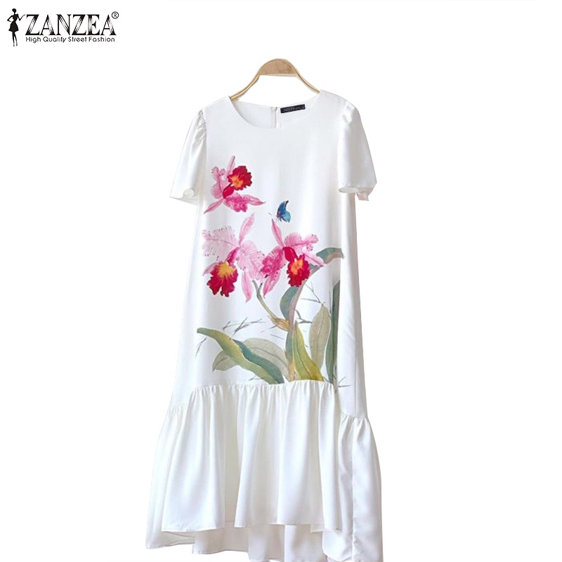 Zanzea Đầm Chữ a Ngắn Tay Cổ Tròn Form Rộng Phong Cách Hàn Quốc Dành Cho Nữ