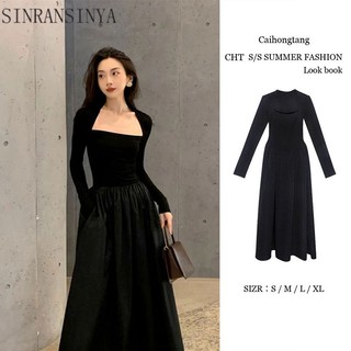 Sinransinya Đầm Midi Cổ Vuông Tay Dài Màu Đen Dáng Chữ a Phong Cách Pháp Thời Trang Thu Đông Cho Nữ