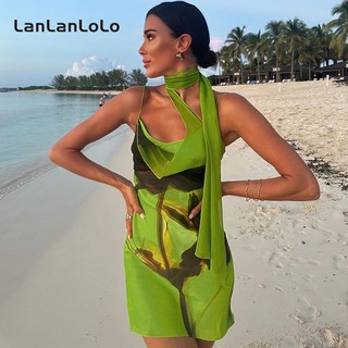 Lanlanlolo Đầm Ngắn Ôm Dáng Hở Lưng Phối Lưới In Họa Tiết Thời Trang 2024 Quyến Rũ Cho Nữ