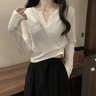Áo Thun Dệt Kim Tay Dài Dáng Ôm Cổ Chữ v Màu Trắng Thời Trang Mùa Hè Hàng Mới