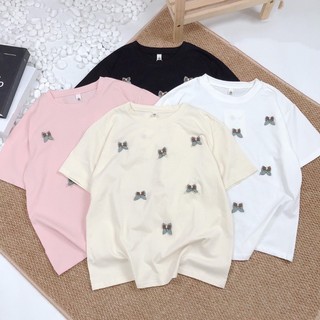 Áo Thun Nữ Cổ Tròn Họa tiết Nơ Hoa Nổi, Áo Cộc Tay Dáng Babytee Kiểu dáng năm mới 2024