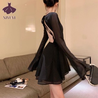 Đầm Đen Tay Dài Hở Lưng Quyến Rũ Thời Trang Cho Nữ
