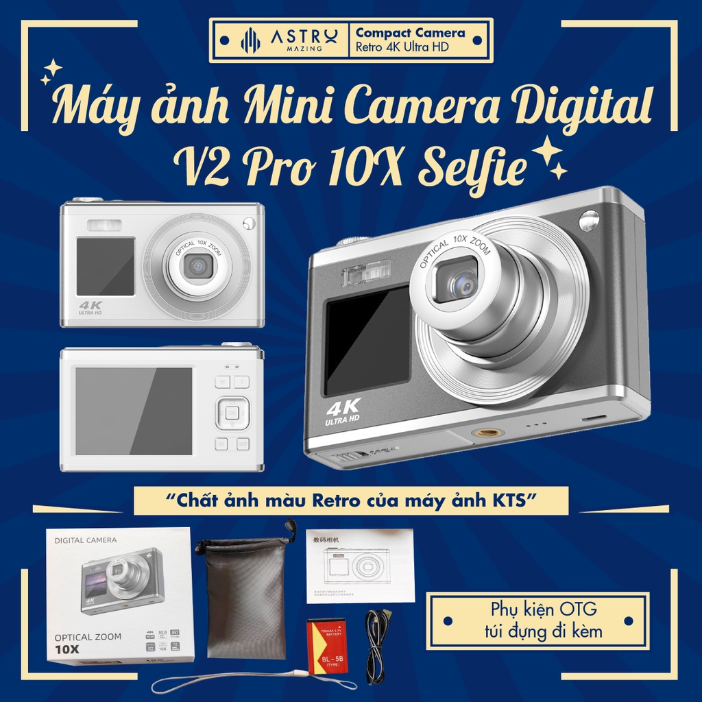 [10X Selfie] Máy ảnh kĩ thuật số Digital Mini Camera V2 Pro by AstroMazing - Quay, chụp 50MP, siêu mỏng nhỏ gọn