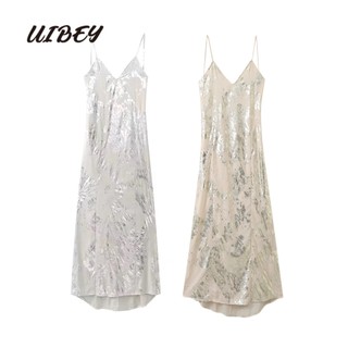 Đầm Cổ Chữ V In Họa Tiết Kim Loại Quyến Rũ Thời Trang 307