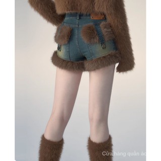 Quần Short Denim Lưng Cao Đính Đinh Tán Thời Trang Thu Đông Cho Nữ