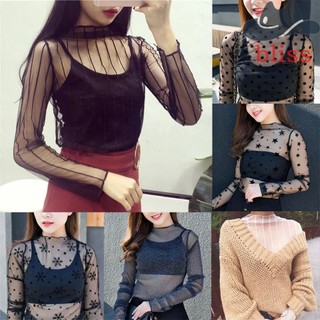 Áo Thun Lưới Tay Dài Cổ Lọ Màu Đen Xuyên Thấu Thời Trang Mùa Thu Cho Nữ
