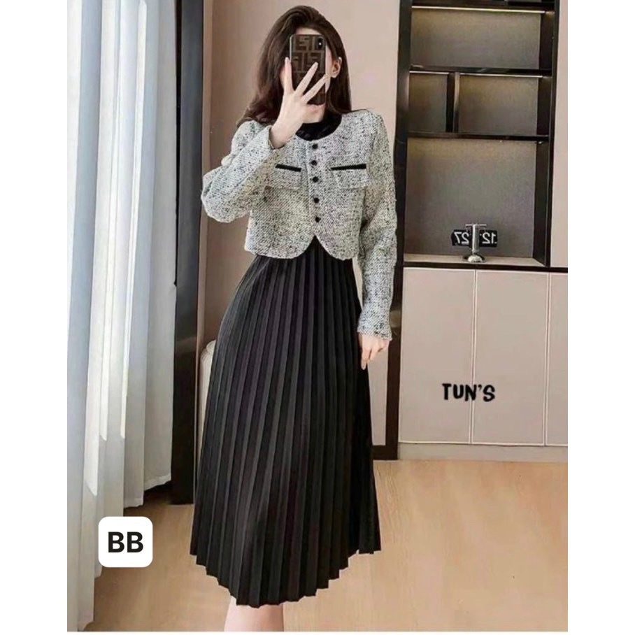 Set dạ nữ sat áo dạ cổ bèo mix váy xếp li cực xinh hàng loại 1 shop HT fashion