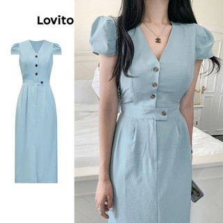 Đầm Lovito màu trơn khóa kéo bất đối xứng phối nút thanh lịch dành cho nữ L91ED196