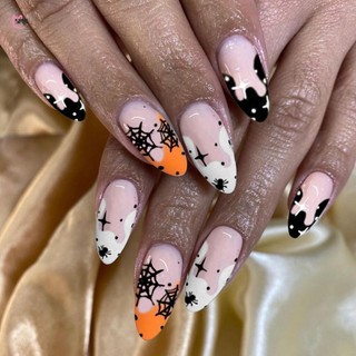 Móng tay giả hạnh nhân cho nữ Phong cách Halloween Spiderweb Star Móng tay nhân tạo