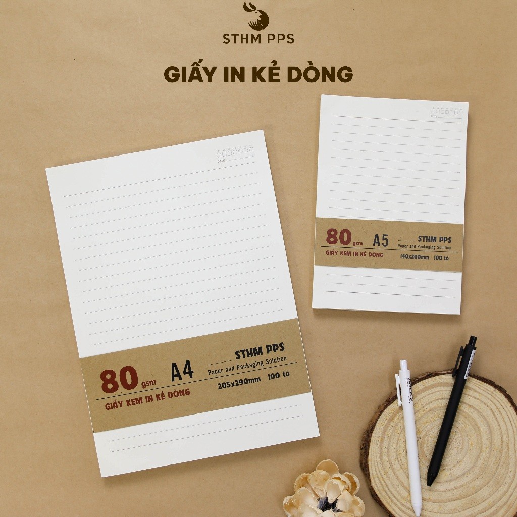 [STHM Cần Thơ] - Xấp 100 tờ ruột giấy kem in kẻ dòng A4, A5 - 80gsm, 100gsm dùng cho làm sổ tay hand