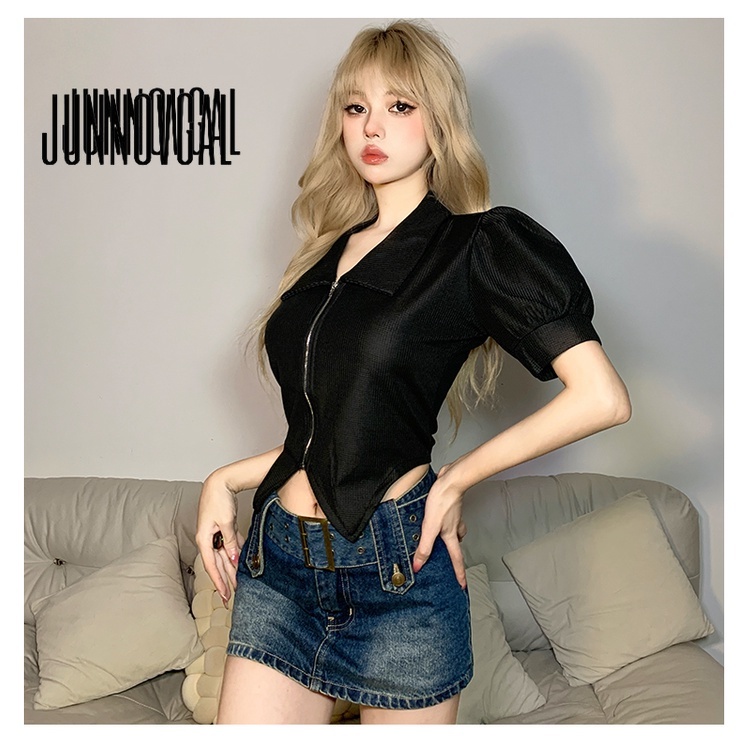 Áo sơ mi kiểu JUNNOVGAL khóa zip mỏng thời trang ngọt ngào mát mẻ 2023 cho nữ