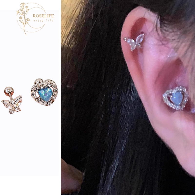 Roselife Set 2 Khuyên Tai Bạc zircon Hình Bướm / Trái Tim Bóng Tròn Thanh Lịch Thời Trang Cho Nữ