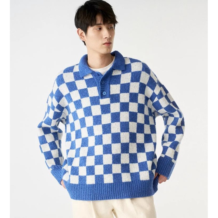 Áo Len Cổ polo Dáng Rộng Họa Tiết Caro Thời Trang Thu Đông Cho Nam