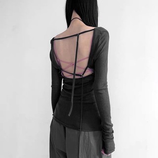 Áo Thun Tay Dài Hở Lưng Form Rộng Màu Đen Trơn Đơn Giản Thời Trang Hàn Quốc