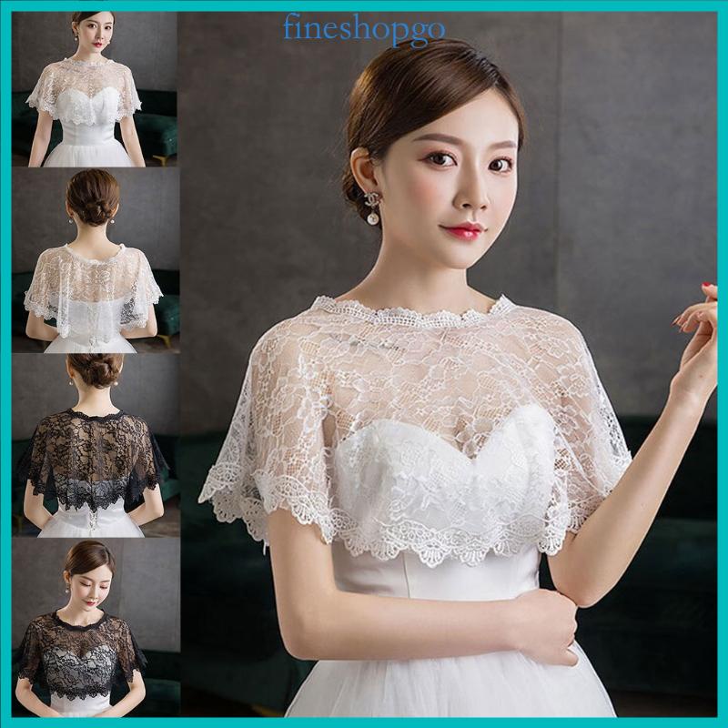❀❀Fine Khăn choàng che cổ tulle ren thêu hoa xuyên thấu nhún cao thấp trùm bolero cho cô dâu đám cưới