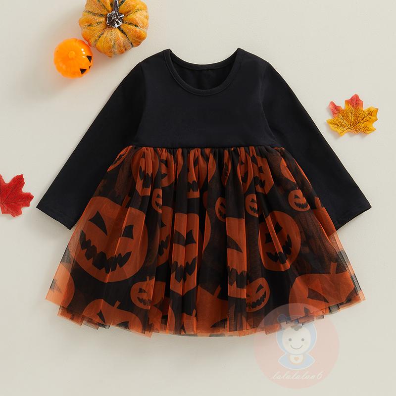 Đầm Xòe Chữ a Tay Dài Cổ Tròn In Hình Bí Ngô / Ma halloween laa6 Cho Bé Gái