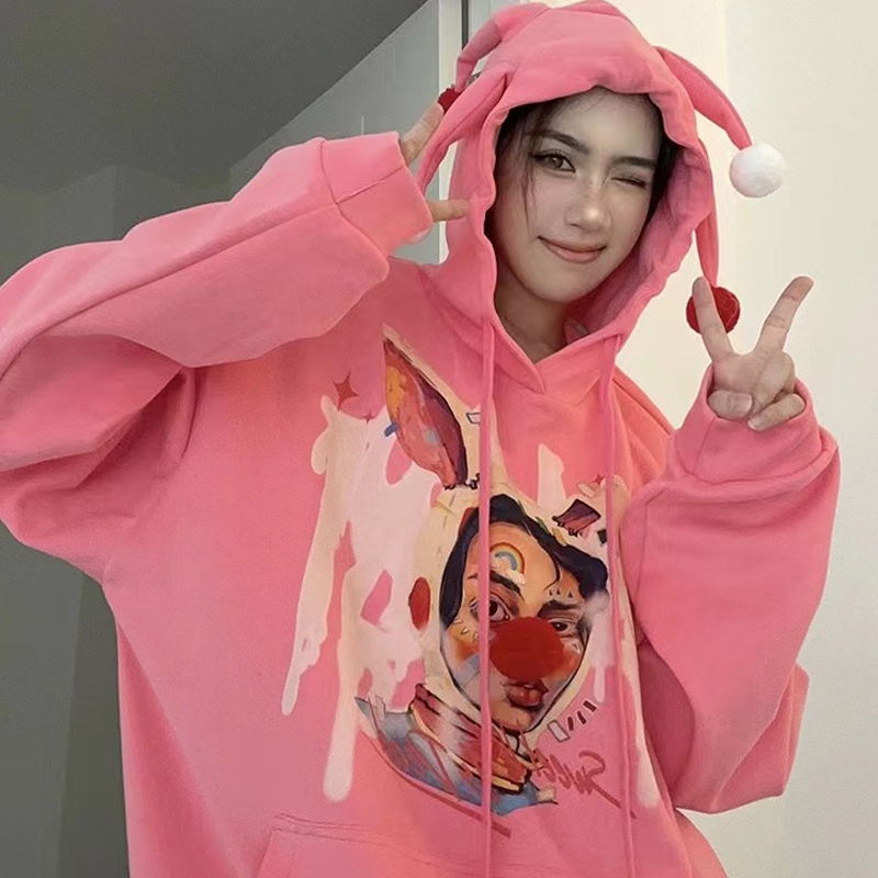 HANLU Áo Hoodie Dáng Rộng In Hình Chú Hề Vui Nhộn Thiết Kế Mới Cho Cặp Đôi