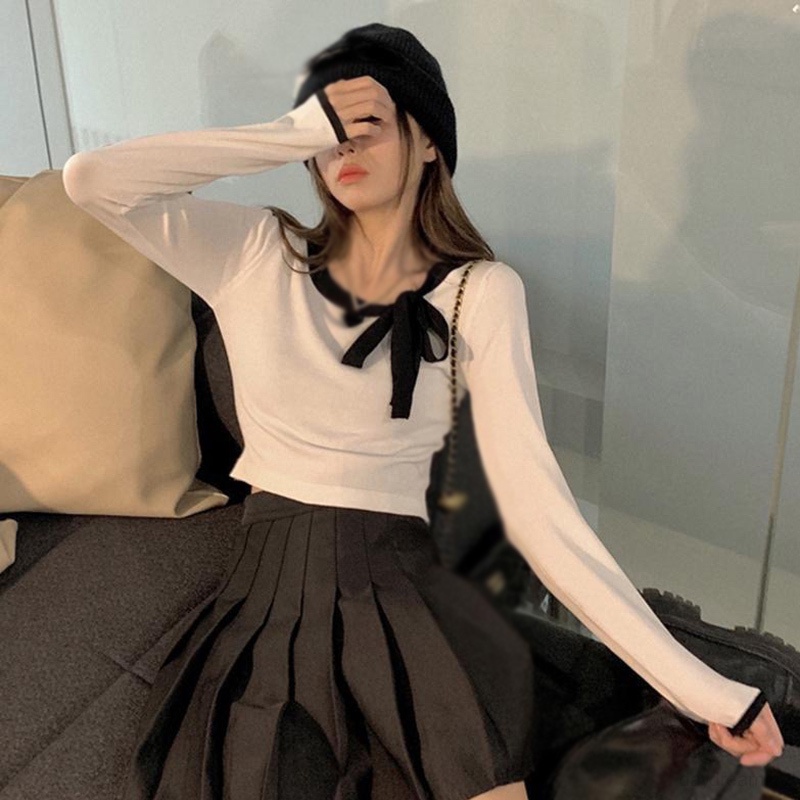 Áo Thun croptop Dệt Kim Tay Dài Cổ Tròn Thắt Nơ Màu Tương Phản Phong Cách Hàn Quốc Thời Trang Cho Nữ