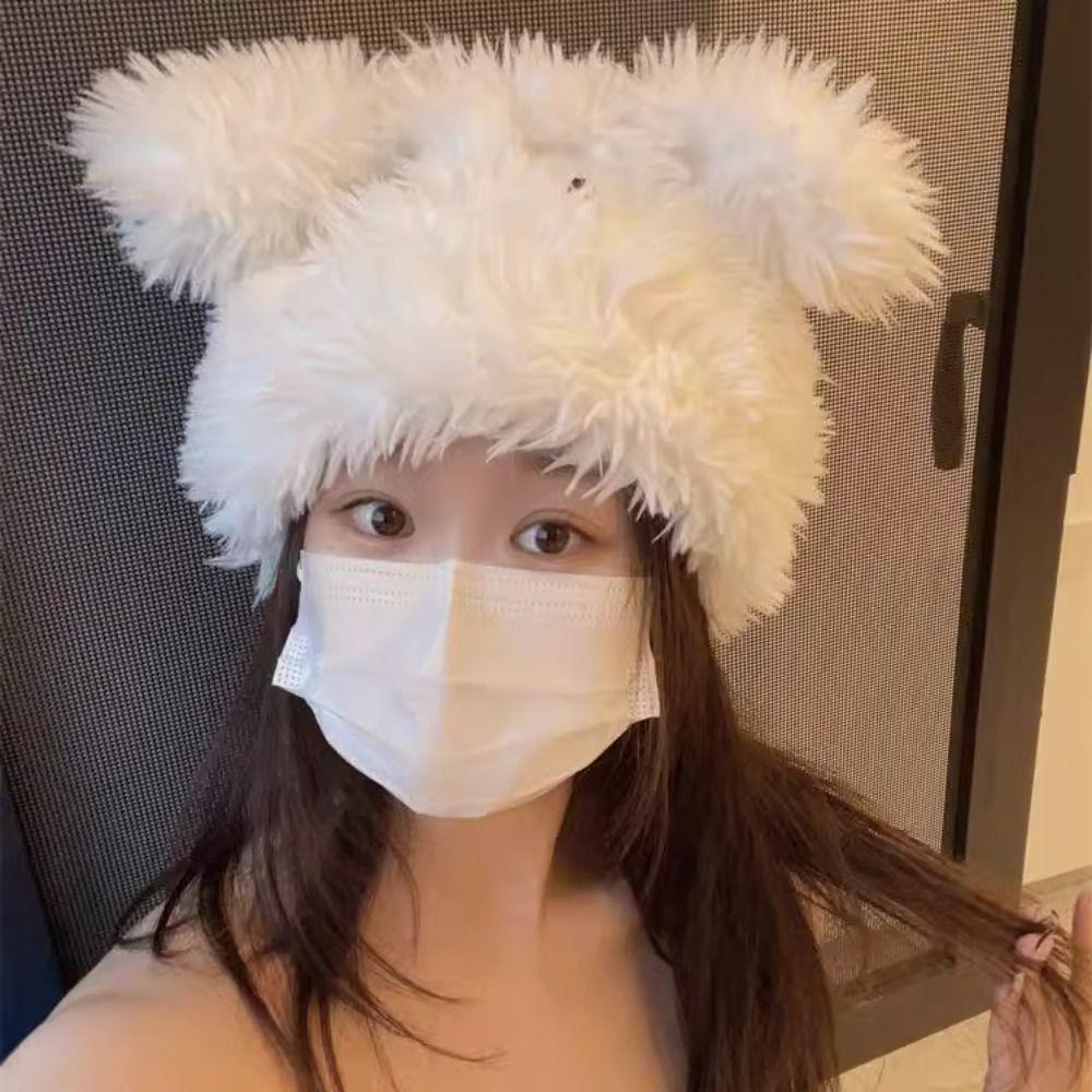 Mũ beanie Bằng Vải Nhung Lông Dày Dặn Màu Trơn Hình Đầu Lâu Mắt To Dễ Thương Phong Cách Nhật Bản