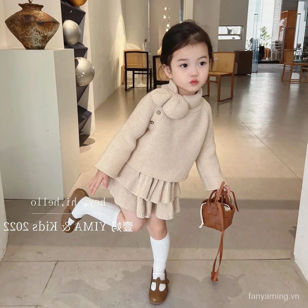 Bộ Áo Dệt Kim Cổ Cao Phối Bèo Màu Trơn + Chân Váy Thời Trang Thu Đông Hàn Quốc Cho Bé Gái nz