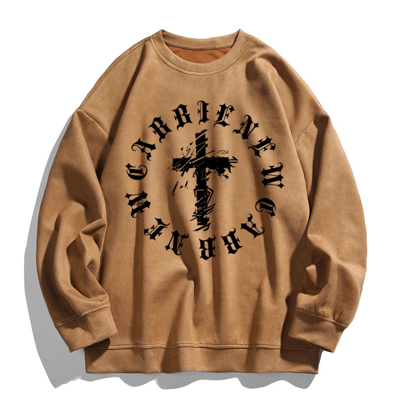 Áo sweater Tay Dài Cổ Tròn Dáng Rộng In Chữ Thập Màu Đen Phong Cách vintage Hợp Thời Trang