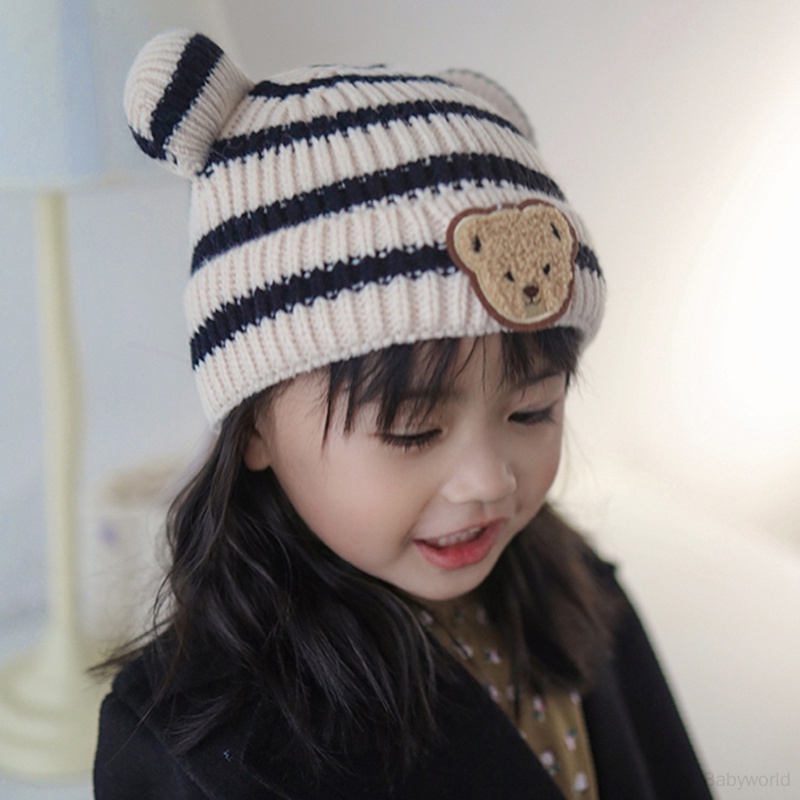 Mũ beanie Dệt Kim Đính Tai Gấu Hoạt Hình Phong Cách Hàn Quốc Dành Cho Trẻ Nhỏ