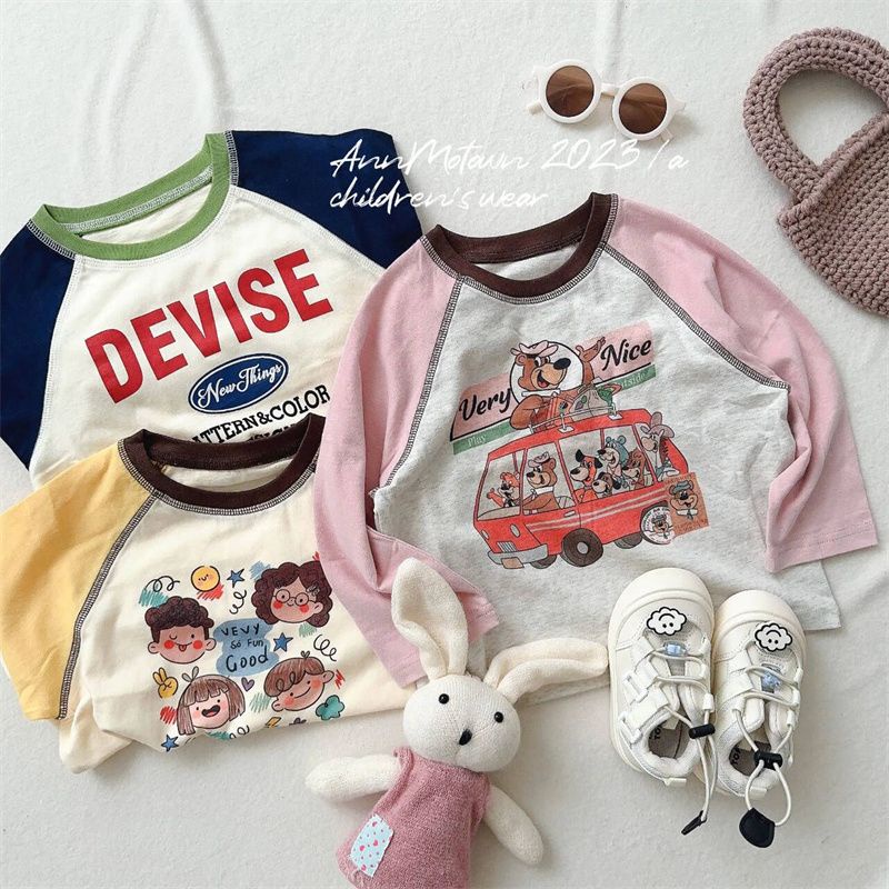 Áo Thun cotton Tay Dài Màu Tương Phản Thời Trang Xuân Thu 2023 Cho Bé Gái