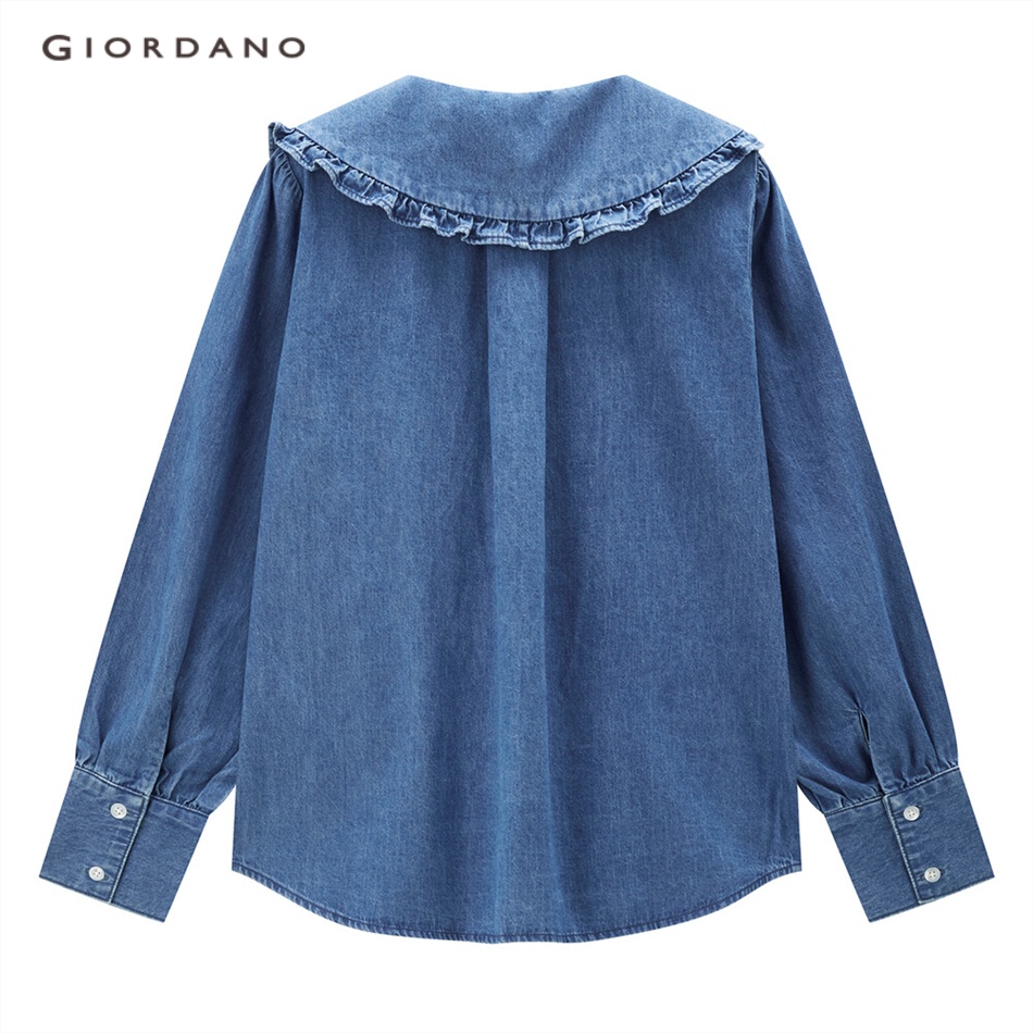 GIORDANO WOMEN Doll collar long sleeve loose denim shirt 13343802