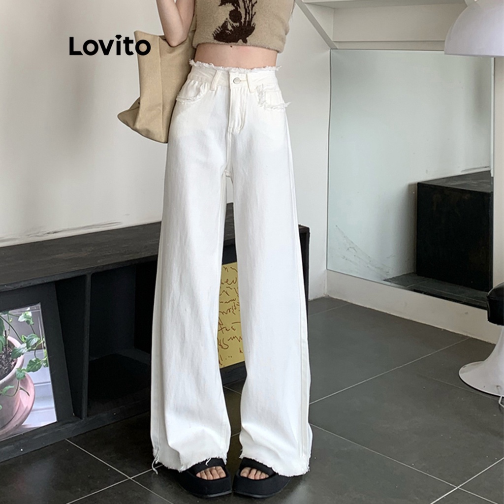 Quần jean Lovito viền thô có túi phối nút thời trang thường ngày cho nữ LNE13105