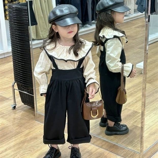 Bộ Áo Sơ Mi cotton + Quần Yếm Dáng Rộng Phong Cách Phương Tây Thời Trang Mùa Thu Cho Bé Gái
