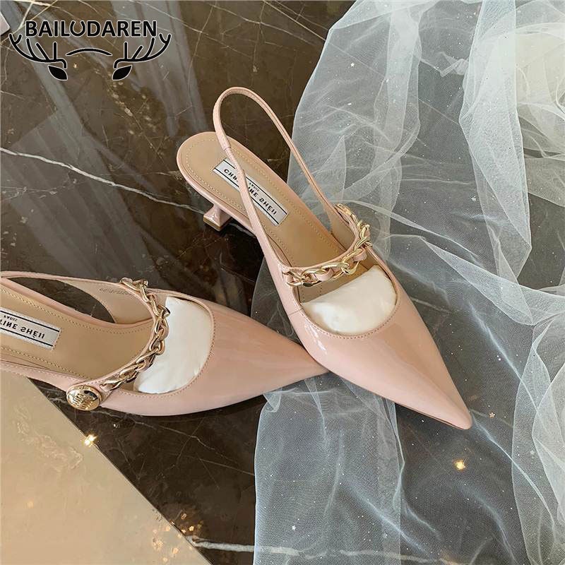 BẠCH LỘC ĐẠI NHÂN✨Xăng đan Cao Gót Mũi Nhọn Bằng Da Có Khóa Cài Vàng Kiểu Pháp Cho Nữ