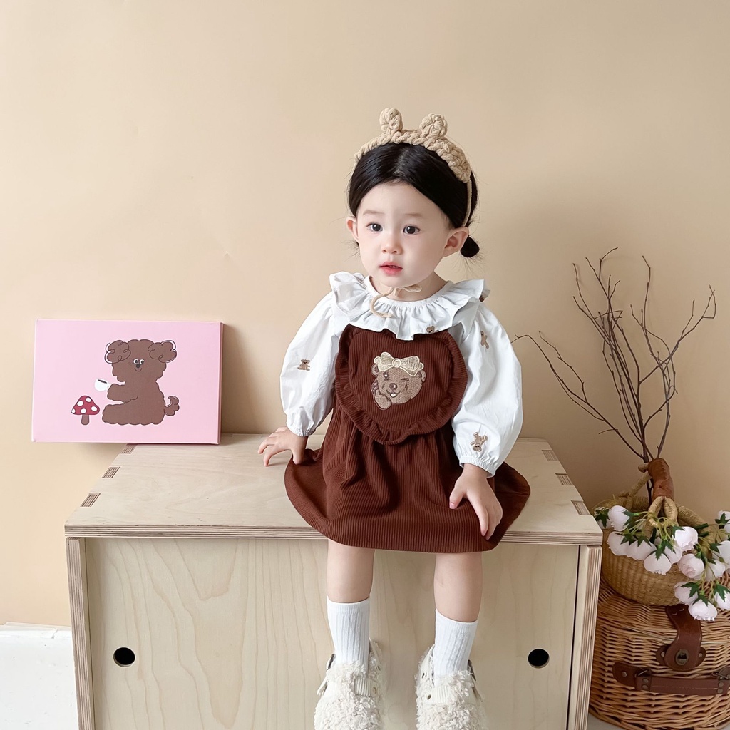 Bộ Áo Cổ Ren In Hoạt Hình + Chân Váy Yếm Xinh Xắn Thời Trang Cho Bé Gái