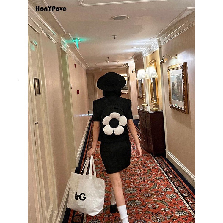 Ba Lô nylon In Hoa Trắng Đen Thời Trang Mùa Xuân xq04