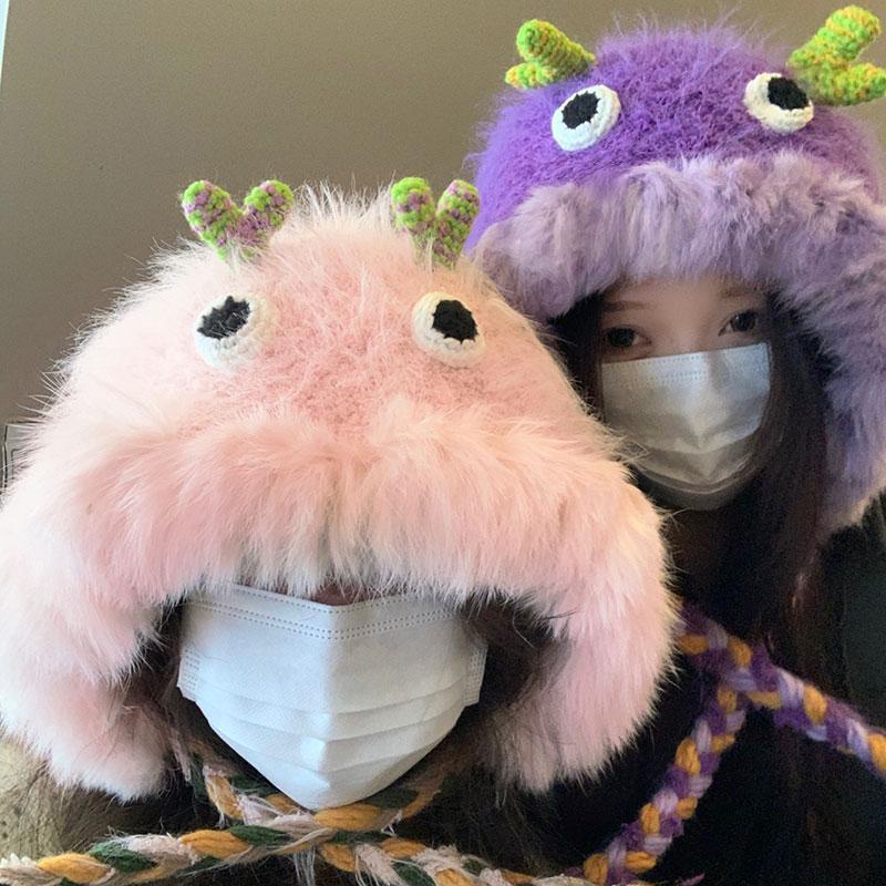 Mũ Len Dệt Kim Dày Dặn Giữ Ấm Tai Hình Quái Vật Nhỏ Dễ Thương Cho Nữ