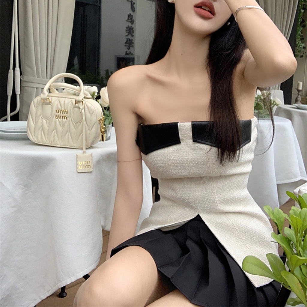 Quý Cô Mùa Hè Áo Ống Dây Thắt Lưng Áo Không Tay Bằng Da Chắp Vá Thời Trang Và Gợi Cảm