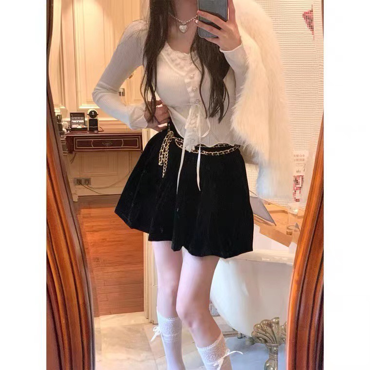 Banfamy Áo sweater Tay Dài Giả Hai Lớp Phối Ren Màu Trơn Ngọt Ngào Thời Trang Thu Đông Cho Nữ